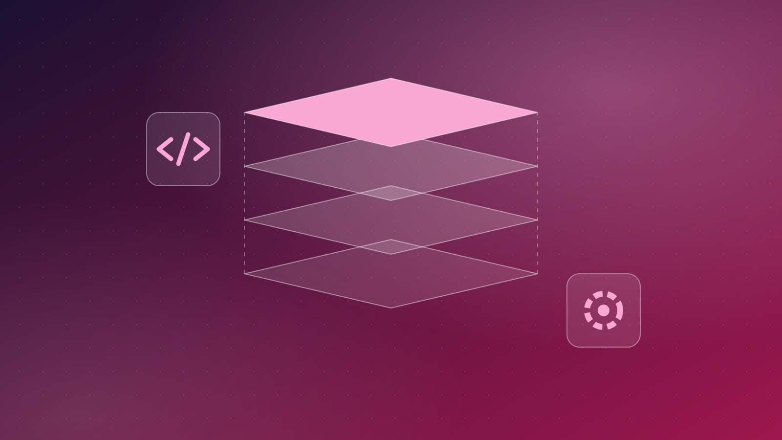 Illustration of stacked software layers with code and settings icons