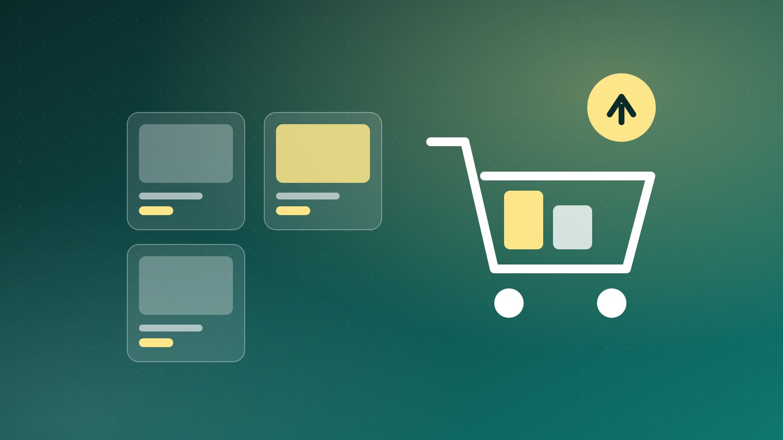 Illustration of product cards and a shopping cart with an upward arrow