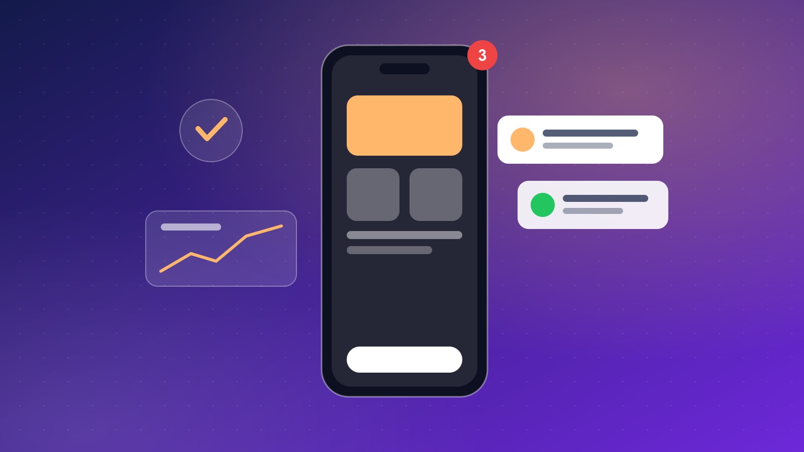 Illustration of a smartphone app with notification cards and a rising chart