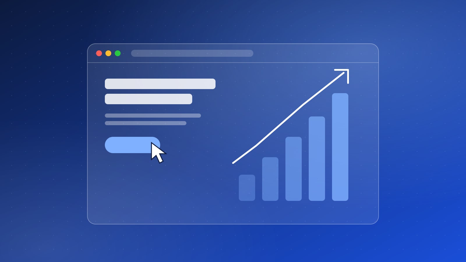 Illustration of a website with a rising growth chart and a cursor clicking a call to action