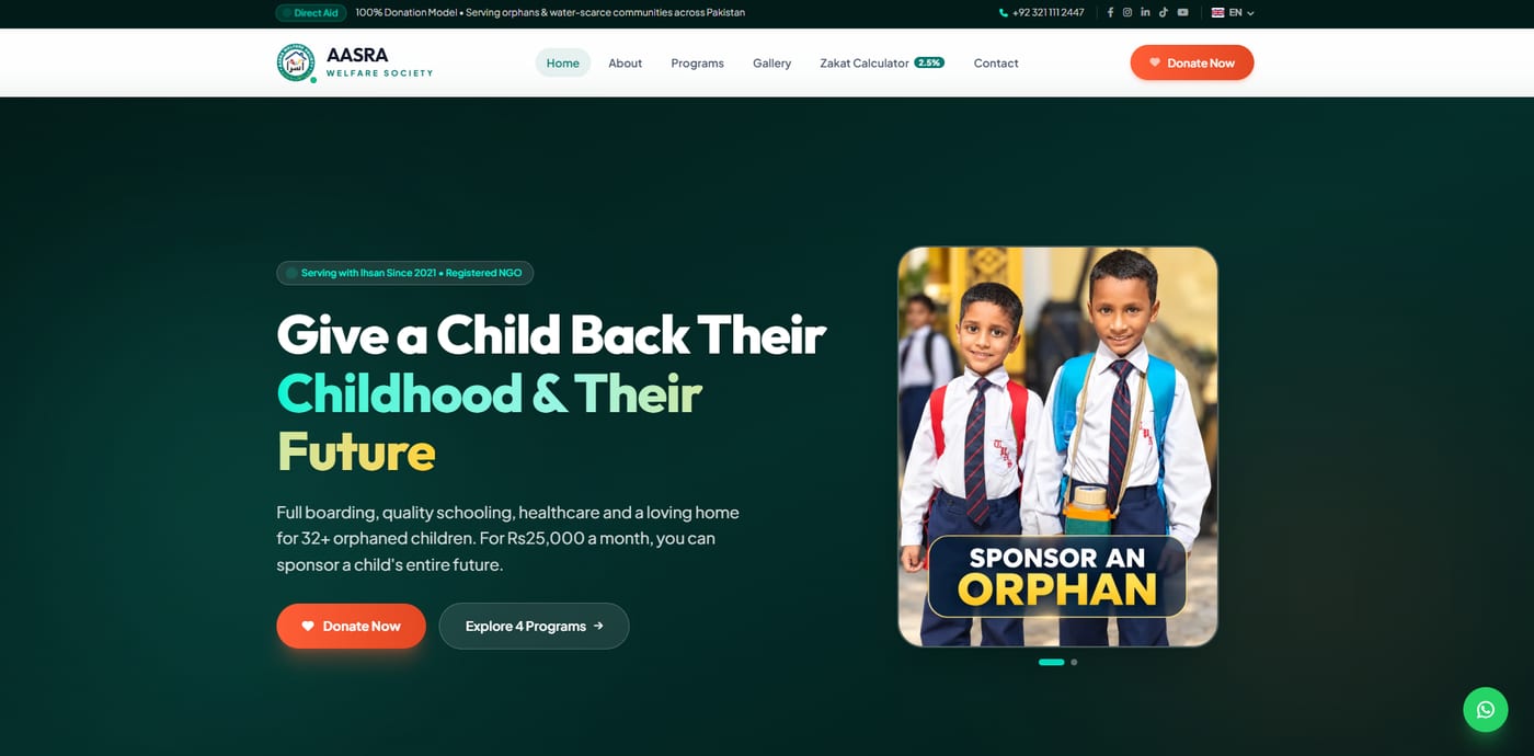 Page d'accueil du site Aasra Welfare Society