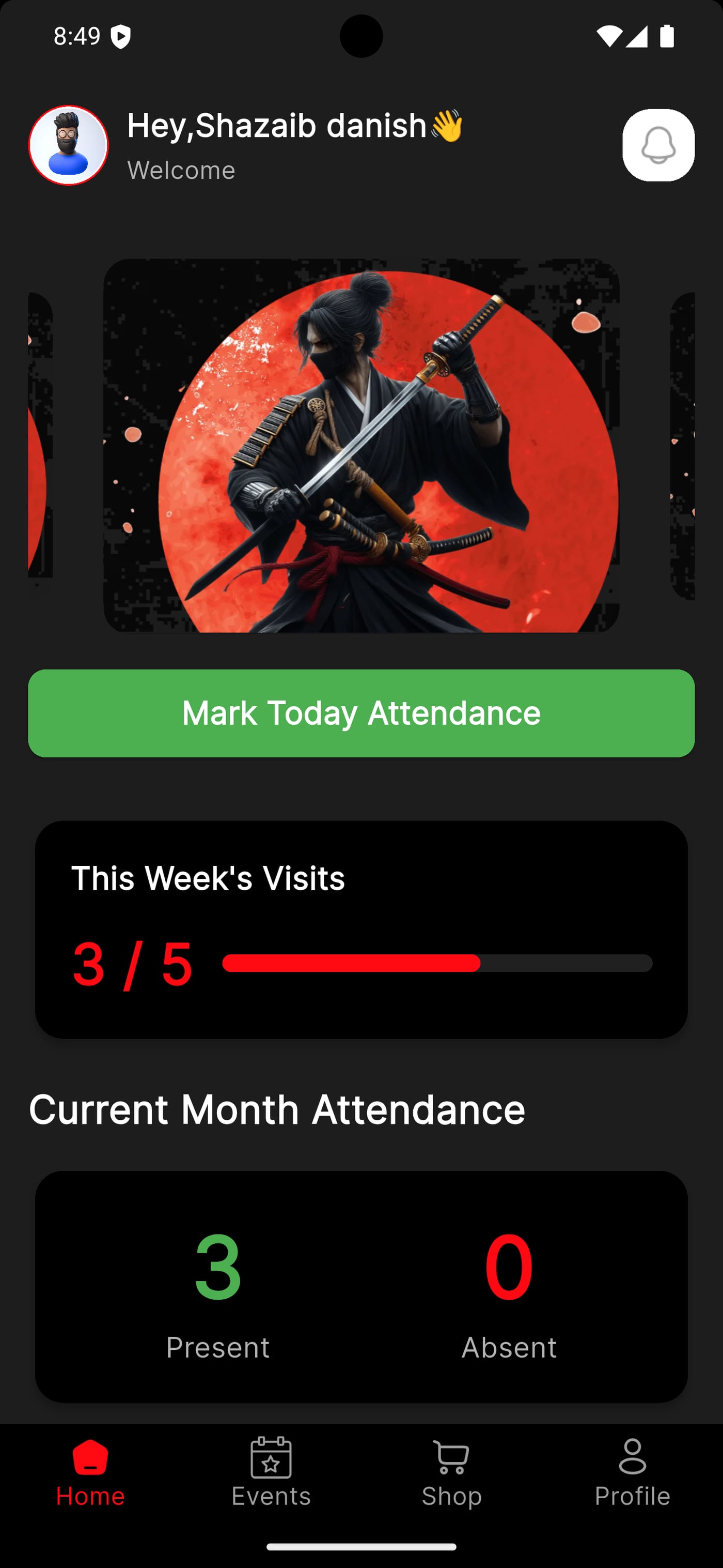 Twin Dragons Academy event and notifications screen
